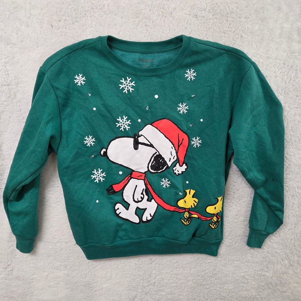 Peanuts Snoopy Woodstock Christmas Sweatshirt Green M 7-9 Holiday Sparkle